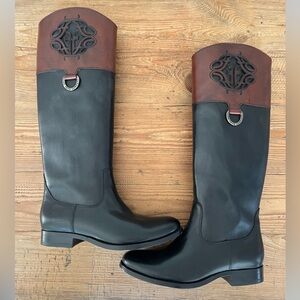 Frye Melissa Boot, Monogram Logo, Cognac/Black, Size 7.5